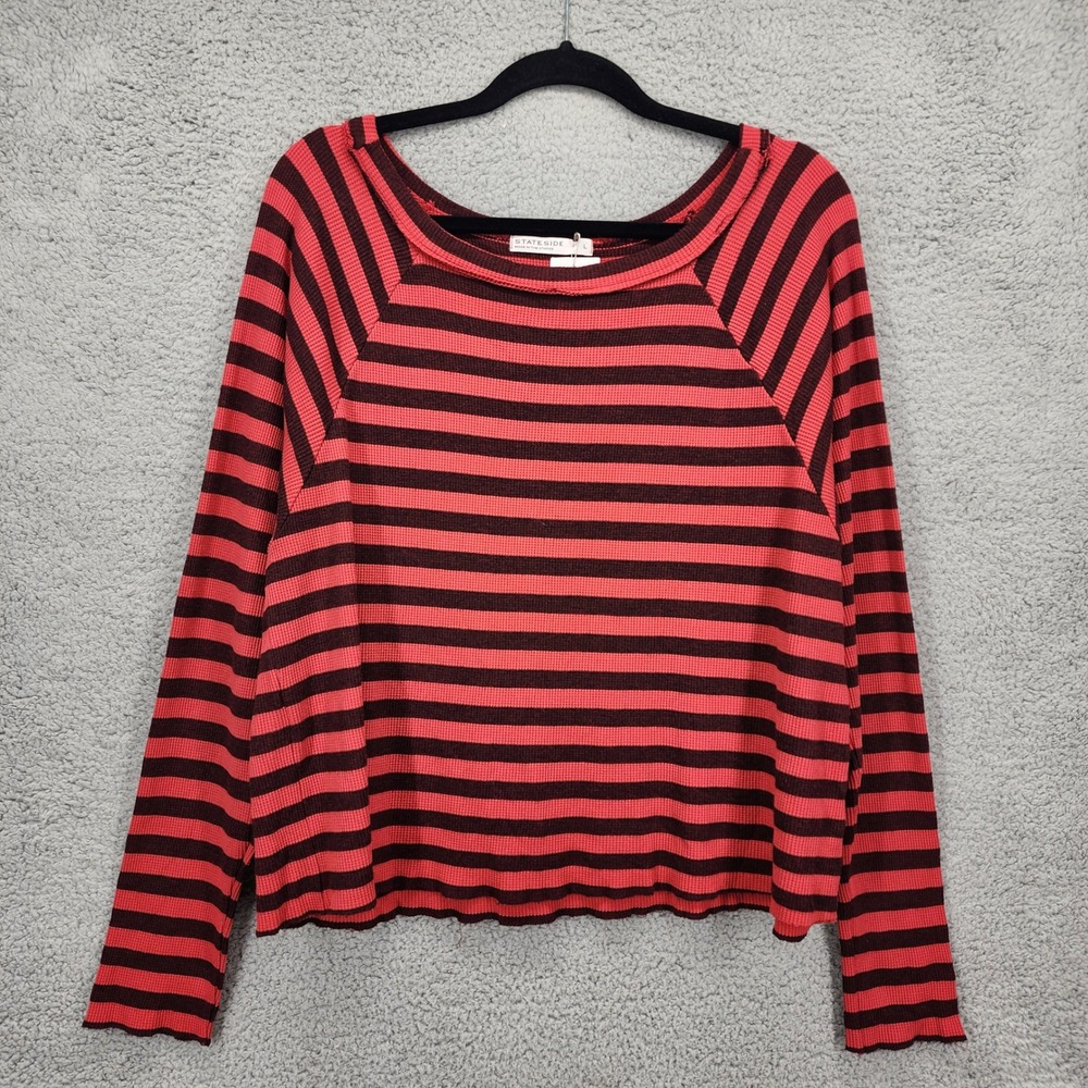 STATESIDE Striped Long Sleeve Thermal Shirt Top Scarlet Red‎ Black Size Large